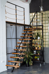 Interior shot. Stairs made of black metal to the second floor, under it a stele with green plants....