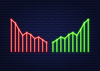 Profit and lost money or budget. Cash and rising graph arrow up, concept of business success. Capital earnings, benefit, neon. Vector stock illustration