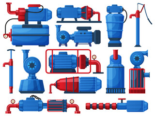 Water pumps, industrial water motor pumping system. Factory water tanks, water pumping compressors vector flat illustration set. Pumping motor systems