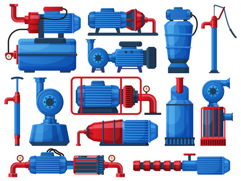 Water pumps, industrial water motor pumping system. Factory water tanks, water pumping compressors vector flat illustration set. Pumping motor systems