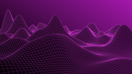 Vector landscape of mountains. Technology futuristic illustration. Vector background of wireframe 3d landscape.