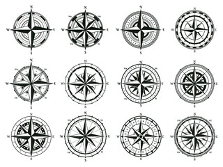 Vintage rose wind compass, sea boat navigation skipper compass. Sea wind rose old marine navigation compass vector symbols set. Retro marine nautical compass sings © WinWin
