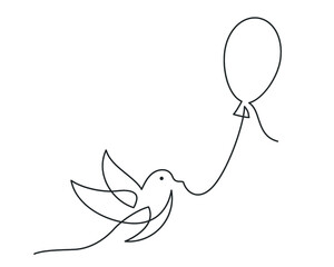Continuous line drawing of bird carrying a balloon. Vector illustration