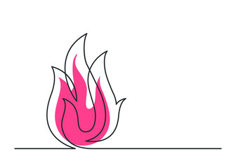 Continuous line drawing of red flame on white background. Vector illustration