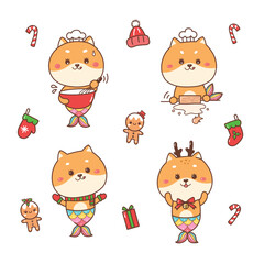 cute Shiba mermaid cartoon for Christmas and happy new year.