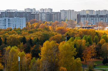 Aerial view of autumn in Zelenograd District 11 in Moscow, Russia