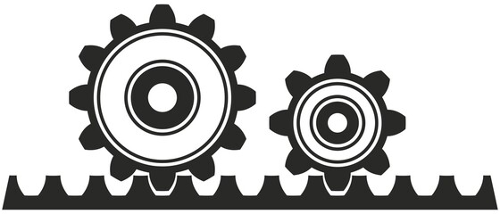 Zahnstange mit Zahnrad Symbol in schwarz als vektor. Isolierter wei&szlig;er Hintergrund.