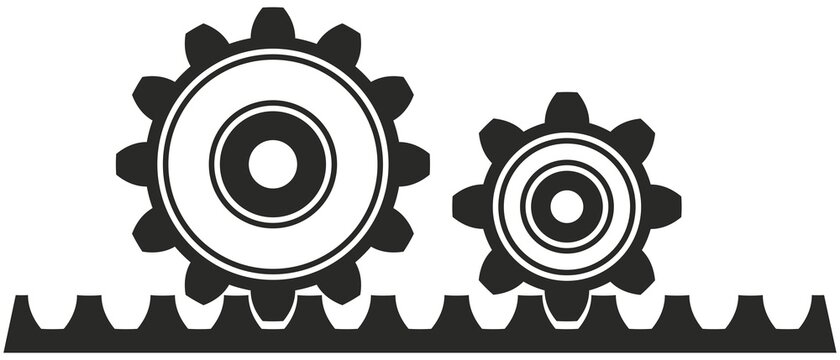 Zahnstange mit Zahnrad Symbol in schwarz als vektor. Isolierter wei&szlig;er Hintergrund.