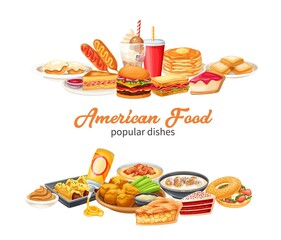 American food banners. Red velvet cake, grits, monte cristo sandwich, pancakes, maple and spray cheese. Corn dog, clam chowder, biscuits and gravy, apple pie, blt, sandwich and buffalo wings vector.