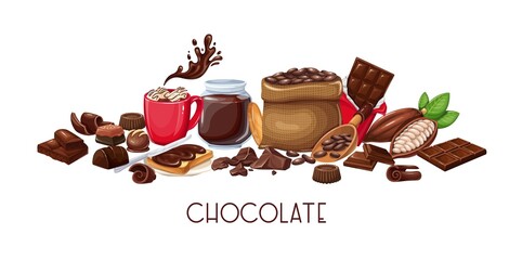 Chocolate icon horizontal banner Candy, Cocoa Beans, popsicle, Chips, Chocolate Bar, spred and ets for confectionery products shop. Vector illustration.