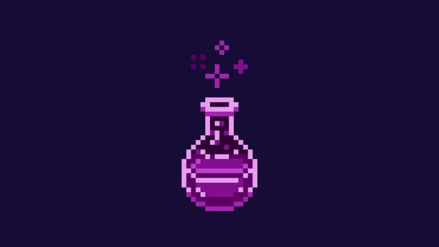 Pixel art potion sparkling purple poison bottle, game design retro 8 bit video asset on dark blue and chroma key green screen background