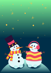 Illustration with snowmen in a scarf, hat and sweater holding hands. Festive background, falling snowflakes. Can be used for greetings, postcards