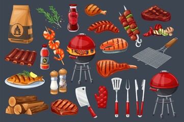 BBQ party icons set, barbecue, grill or picnic. Grilled salmon, vegetables, meat steak sausage and shrimp. Barbecue tools vector illustration.