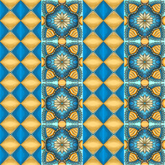 Interesting pattern in the Greek style, yellow-blue, hand-drawn. Floral ornament, seamless pattern. A unique pattern for printing on fabric, paper, tiles.