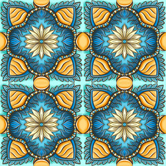 Interesting pattern in the Greek style, yellow-blue, hand-drawn. Floral ornament, seamless pattern. A unique pattern for printing on fabric, paper, tiles.