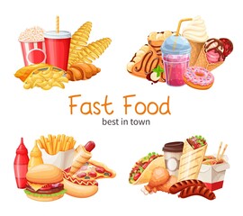 Fast food banners. Street food vector illustration. Tornado potato, crepes, hamburger, wok noodles, hot dog, shawarma, pizza, ice pop and others for takeaway cafe design.