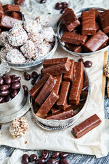 Assortment of delicious chocolate candies background. Chocolate candy isolated 