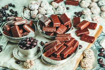 Assortment of delicious chocolate candies background. Chocolate candy isolated 