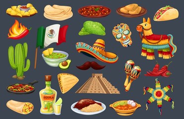 Mexico carnival Cinco de mayo vector icons, Mexican cuisine, traditional holiday fiesta food and festival symbols travel elements illustration. Fajitas, cactus, sombrero, pinata, burrito, flag and ets