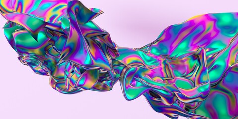 Iridescent holographic flowing cloth, multicolored gradient substance. 3d illustration.