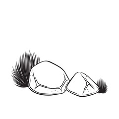 Stone with plant, drawn monochrome boulders and grass, outline vector illustration. © setory