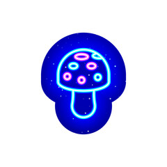 Neon colored mushroom icon. Midnight blue. Neon wild mushroom food design. Realistic neon icon. There is mask area on White Background.