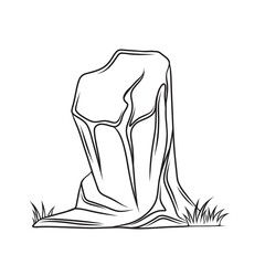 Stone with plant, drawn monochrome boulders and grass, outline vector illustration.