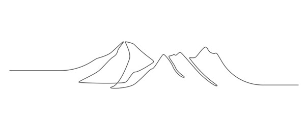 One continuous line drawing of mountain range landscape. Top view of mounts in simple outline style. Adventure hiking and winter sports concept isolated on white background. Linear vector illustration