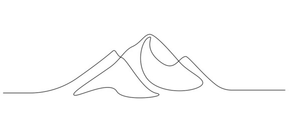 One continuous line drawing of mountain range landscape. Top view of mounts in simple linear style. Adventure hiking and winter sports concept isolated on white background. Doodle vector illustration