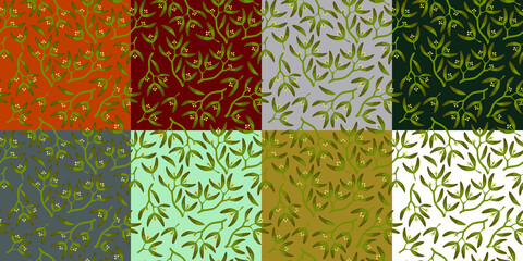 Set of seamless patterns with sprigs of mistletoe in cartoon style.

Green shoots, leaves, buds, mistletoe berries on a Christmas background. Plant background suitable for winter decoration.
