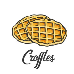 Croffle, Croissant Waffle Korean pastry. Sweet dessert, hand drawn vector illustration.