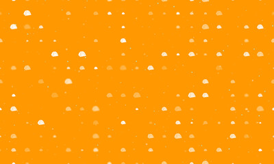 Seamless background pattern of evenly spaced white tourist tents of different sizes and opacity. Vector illustration on orange background with stars