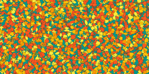 Vector background with red, orange and yellow falling autumn leaves. Abstract seamless pattern from different leafs. Many small leaves. Vector illustration on teal background