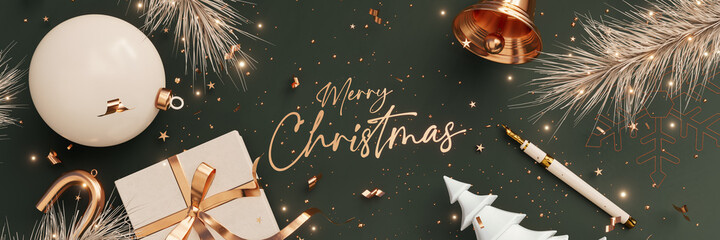 Merry Christmas text with Christmas decoration and pen on green background 3D Rendering, 3D Illustration