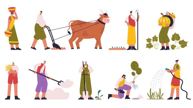 Indian farmers, rural farm characters planting and harvesting. Farmers in traditional clothes plowing soil, planting crops vector illustration set. Indian farm workers