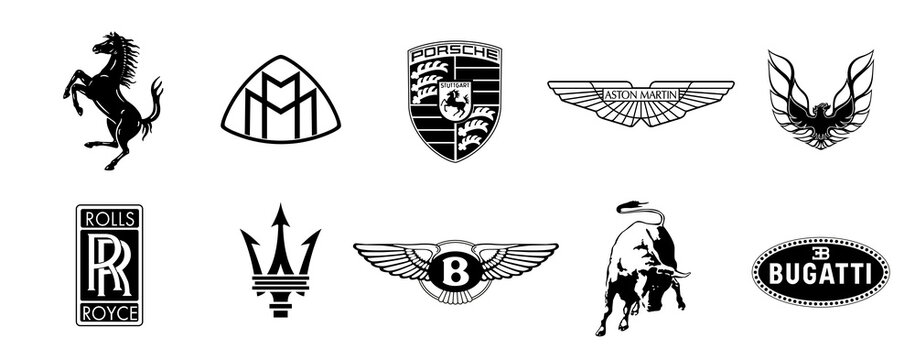 Vinnytsia, Ukraine - November 22, 2021: Set of black logo of premium class cars companies. Ferrari, maybach, porsche, bentley, aston martin, maserati, rolls roys
