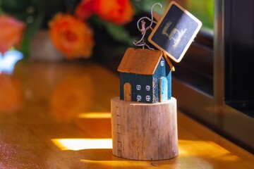 Small decorations in a cafe That brings wood chips to make it look like a miniature model house