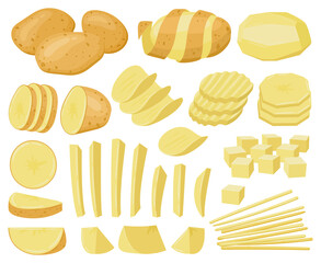 Cartoon potato, raw sliced potatoes, french fries, chips. Potatoes vegetable products, chopped and peeled potatoes vector illustration set. Ripe, tasty potato vegetable