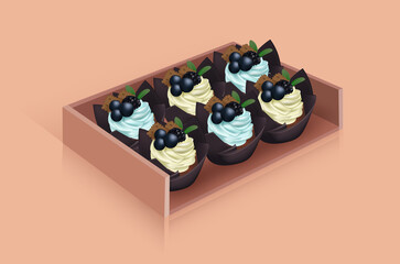 Set of cupcakes on a tray decorated with berries and cookies. Vector illustration of cream cupcakes. 3D