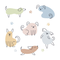 Simple set of funny hand drawn childish dogs in scandinavian style. Trendy cute animals for kids. Vector illustration on a white background