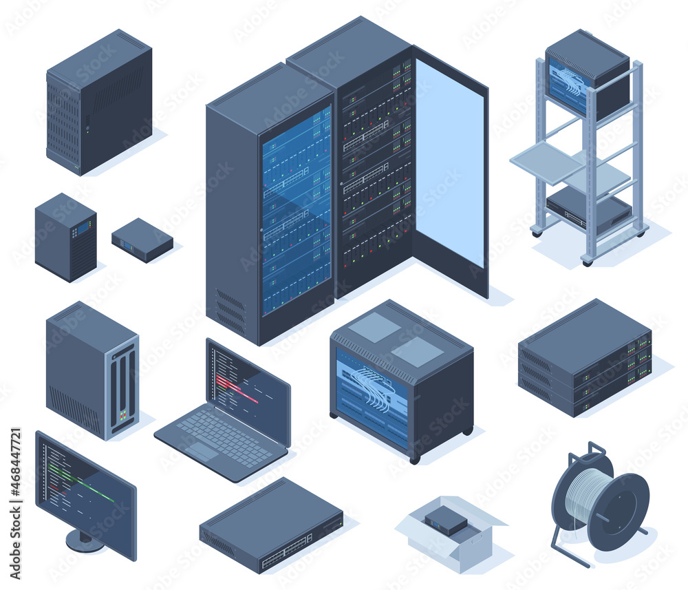 Wall mural isometric data center, network technology and hosting servers equipment. network server room, cloud 