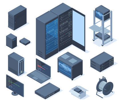 Isometric data center, network technology and hosting servers equipment. Network server room, cloud database station vector illustration set. Computer network technology