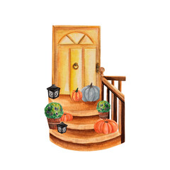 Watercolor design: front door decoration on wooden ladder, lanterns, potted flowers, pumpkins. For house warming party invites, Thanksgiving postcards, calendars, stationery, posters, autumn prints