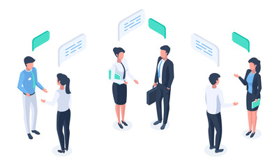 Isometric business people, speech bubble communication, brainstorming or discuss. Social network communication characters vector illustration. Business partners communicate