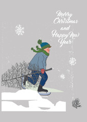 Happy New Year Greeting Card with Boy Ice Skating in Falling Snowflakes, Grey Hand Drawn Illustration