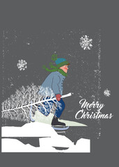 Child Ice Skating with Christmas tree, Merry Christmas Greeting Card, Grey Hand Drawn Illustration Sport Activity