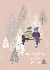 Boy and Girl in a Snowy Park, First Kiss Date, Skating Sports Greeting Christmas Postcard