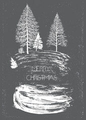 White Christmas Trees in a Forest, Lettering Illustration, Falling snow in a Park, Grey and White Drawing