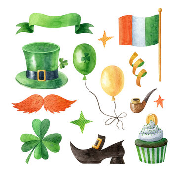 Happy Saint Patrick's Day watercolor clipart collection. Illustration isolated on white background. Traditional symbols of Saint Patrick's Day. Hand drawn clipart for greeting cards, invitations.