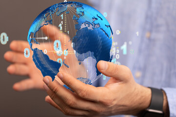 Global telecommunication network around the World with connections between data centers or...